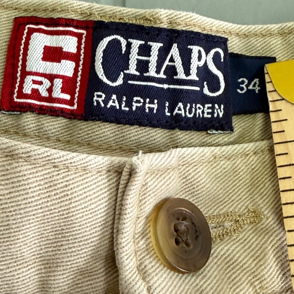 Chaps Ralph Lauren Mens 34 Khaki Double Pleated Chino Shorts 7" Vintage 90s Prep - Picture 2 of 8